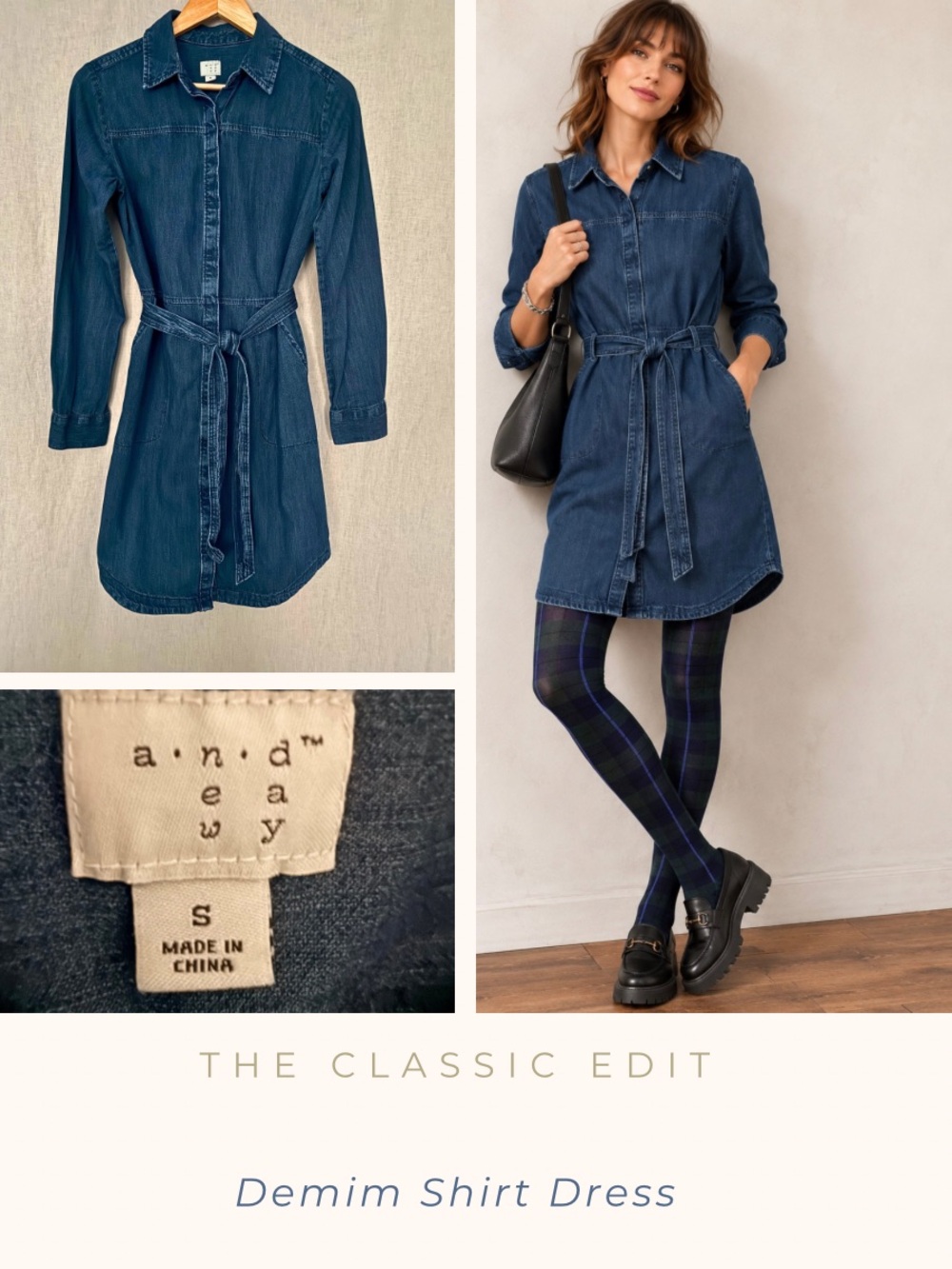 Dark Blue Denim Shirt Dress with Tie Waist
